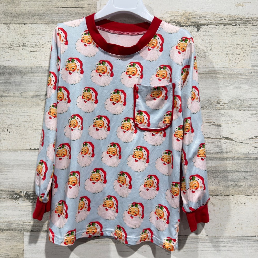 Santa Pajama Top Kids 7-8T Blue Vintage Print Holiday Core GUC*